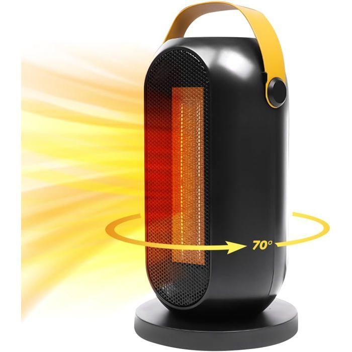 Calefactor eléctrico portátil de 1200 W, ideal para habitaciones pequeñas, con rotación de 70° y protección contra sobrecalentamiento.