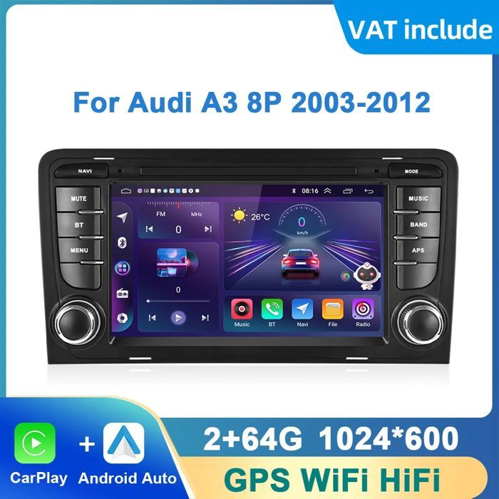 Autoradio da 7 pollici compatibile con CarPlay, Android Auto, Bluetooth/Wi-Fi/FM e navigazione GPS.