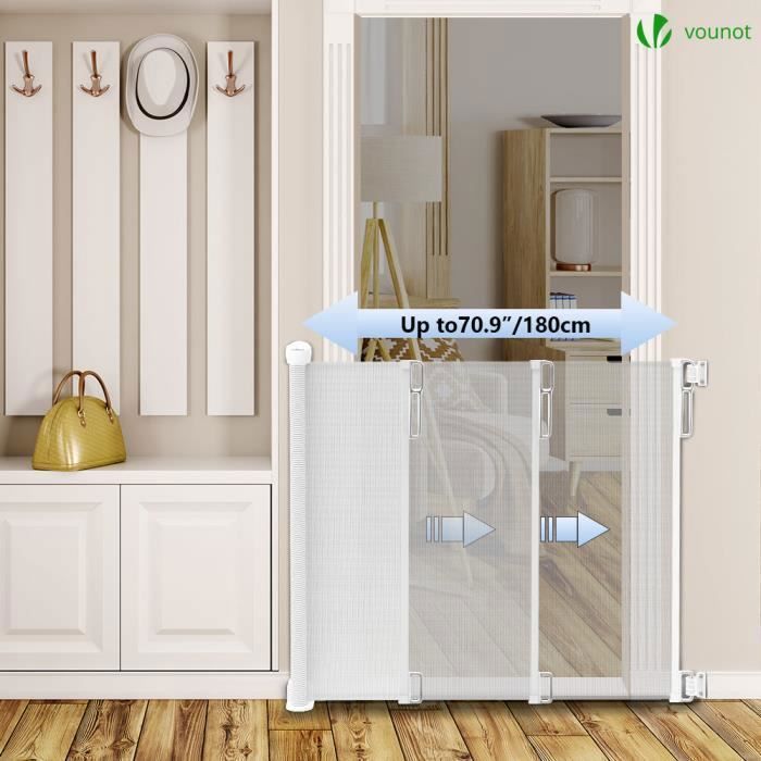 Barrera de seguridad retráctil VOUNOT® de 180 cm, blanca - Doble cierre con una sola mano - Para bebés, niños y perros