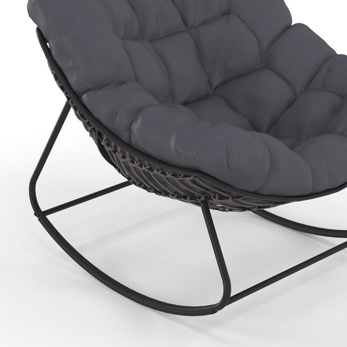 Silla mecedora de jardín IDMARKET LOA con efecto ratán gris y cojín gris.