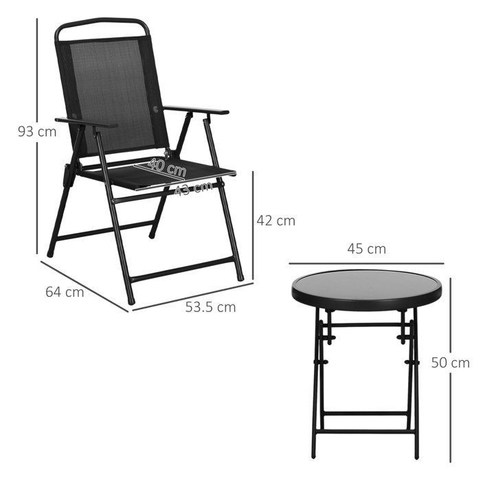Conjunto de bistró de jardín de 3 piezas: 2 sillas + mesa de centro redonda con tablero de vidrio templado, plegable, estructura metálica con revestimiento epoxi y tablero de malla.