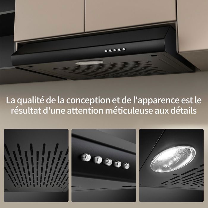 Hotte Aspirante Casquette Visière 60cm FIREGAS -3 Vitesses - Évacuation et Recyclage - Classe B - Filtre en Coton - Noir