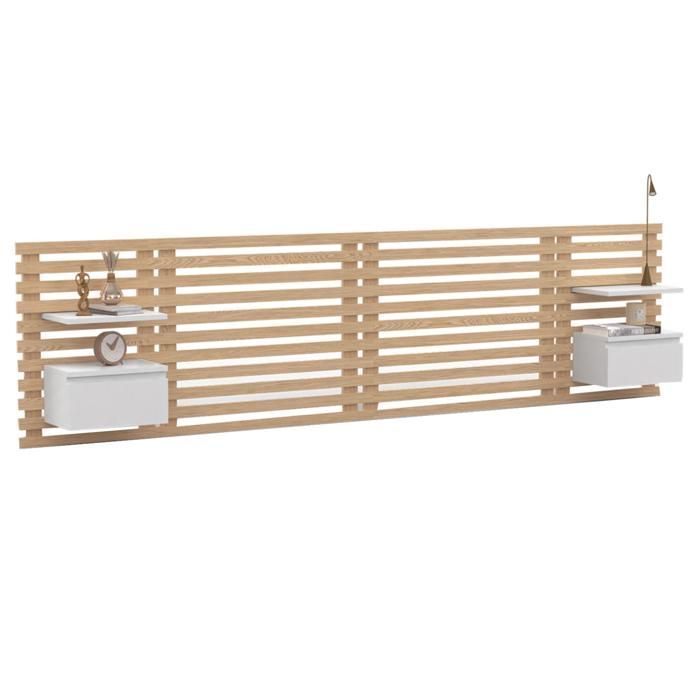 Cabecero suspendido de lamas IDMARKET AVA de 240 cm con mesitas de noche y cajón en madera clara y blanco.
