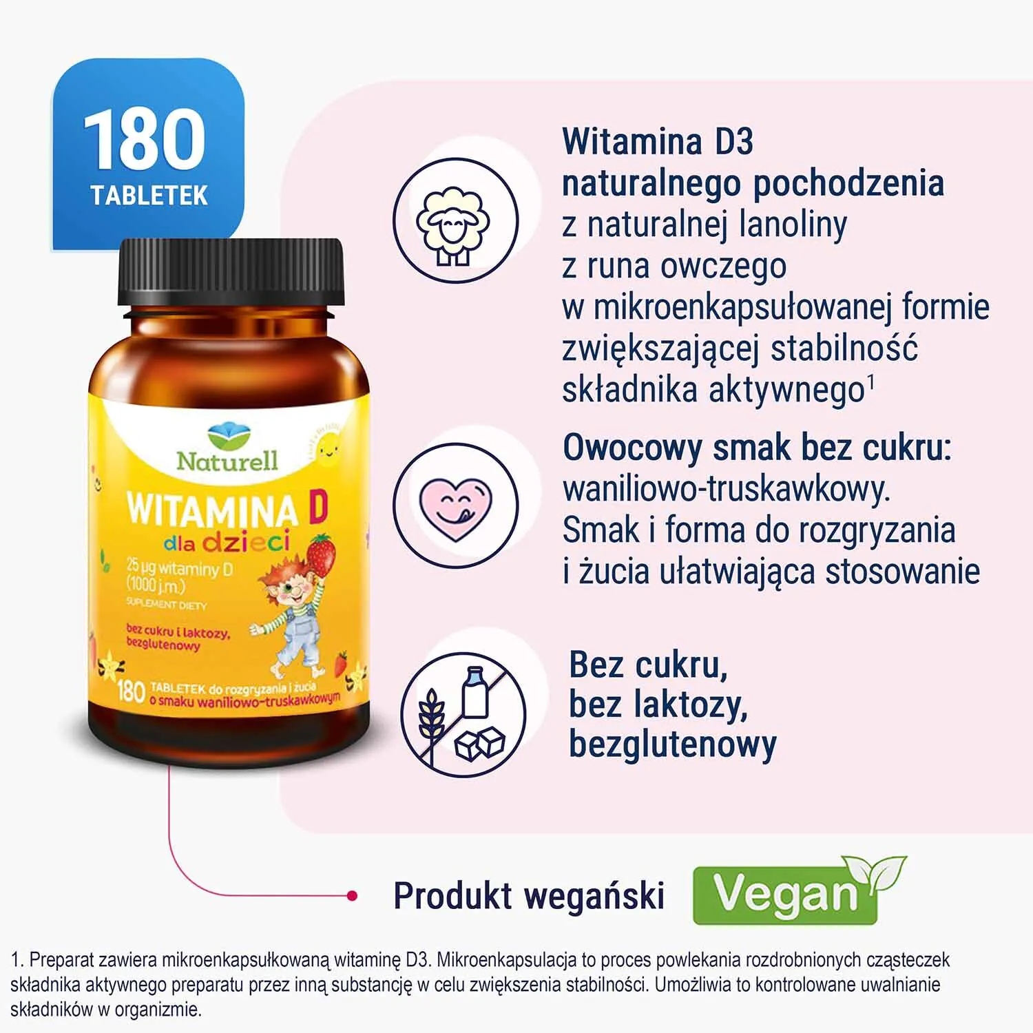 Naturell Witamina D dla dzieci tabletki do rozgryzania i żucia 180 tabl.