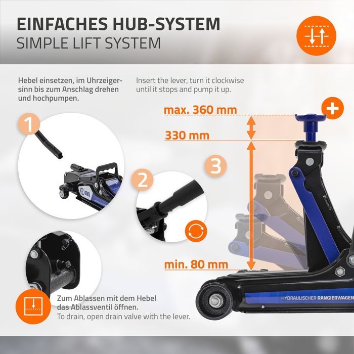 ECD Germany 2 cavalletti a cricchetto da 2,5 T, certificati TÜV/GS, altezza 80-360 mm, acciaio nero e blu, cavalletto da officina, cavalletto per auto