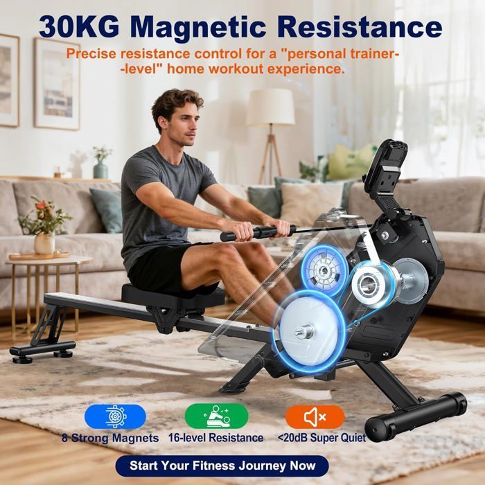 Magnetische roeimachine - METTLEMATIC - 16 weerstandsniveaus - Stille werking - Compatibel met Kinomap - Draagvermogen 160 kg - Verticale opslag