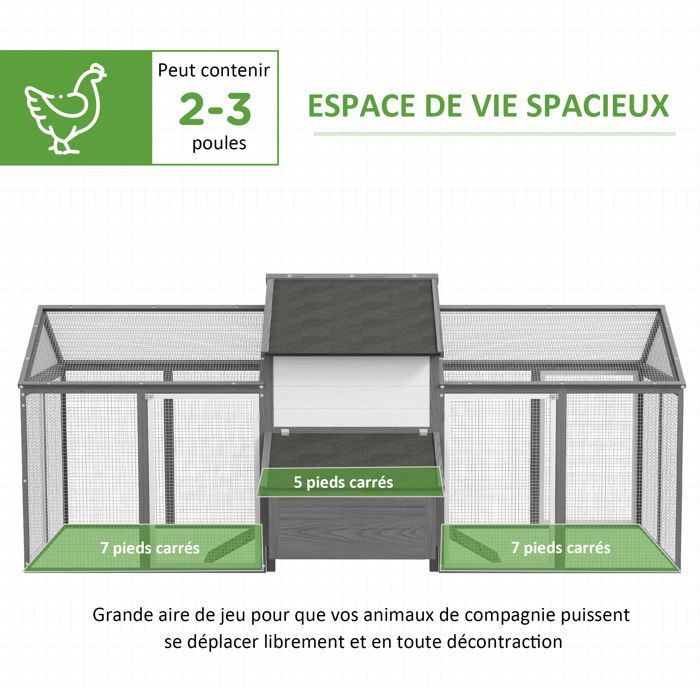 Poulailler en bois - PawHut - 2 enclos modulables niche abritée pondoir tiroir déjection perchoir rampe - 247x118x113cm - gris