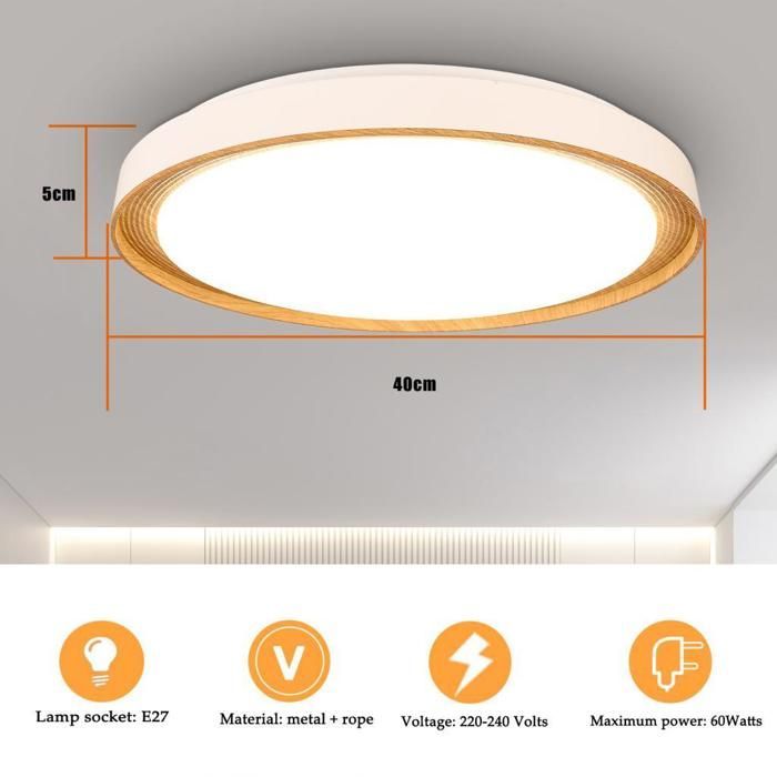 WOTTES Runde LED-Deckenleuchte aus Holz - Ø 39,5 x 39,5 cm - 36 W, neutralweiß - Für Wohnzimmer, Küche, Badezimmer, Schlafzimmer, Flur