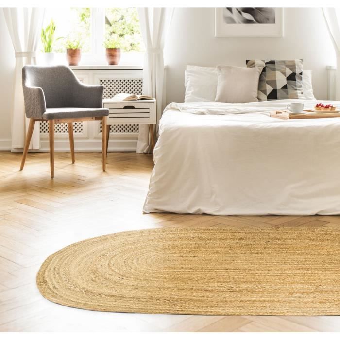 Alfombra HAMID para salón y dormitorio - Alfombra ovalada Alhambra de yute natural - 100 % fibra de yute natural - Tejida a mano - Alfombra de 70 x 140 cm