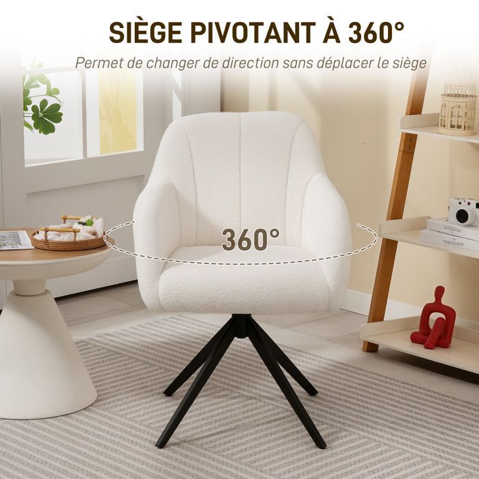 Fauteuil de salon - HOMCOM - pivotant - capitonné - grand confort - piètement en acier et tissu effet polaire teddy - blanc
