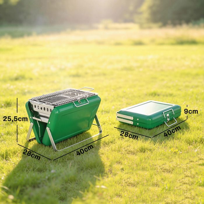 Barbecue au charbon de bois - Outsunny - portable et pliable - poignée et pieds repliables - acier - 40 x 28 x 25,5 cm - vert foncé