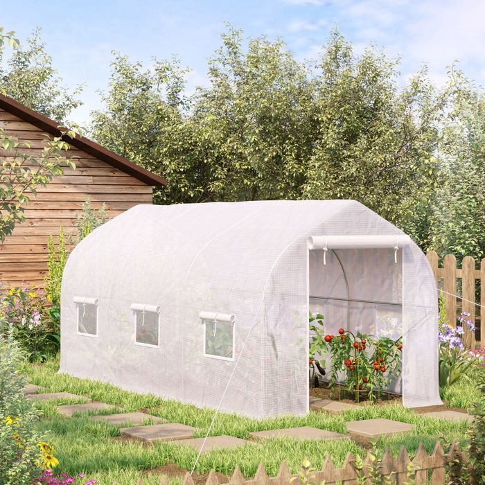 Invernadero tipo túnel Outsunny de 8 m² - con 2 puertas y 6 ventanas - Cubierta de PE de 140 g/m² - 400 x 200 x 200 cm - Blanco