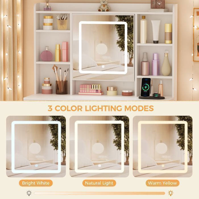 BEWISHOME Coiffeuse avec Tabouret et Miroir de Porte, 2 Port USB et 2 Prise, 9 Tiroirs de Rangement, Blanc, 110×40×145cm