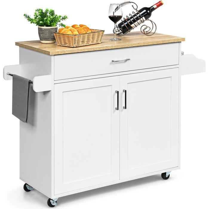 COSTWAY Desserte de Cuisine, Bîlot de Cuisine à Roulettes avec Grand Placard, Tiroir, Porte-Epices et Porte-Serviettes Blanc