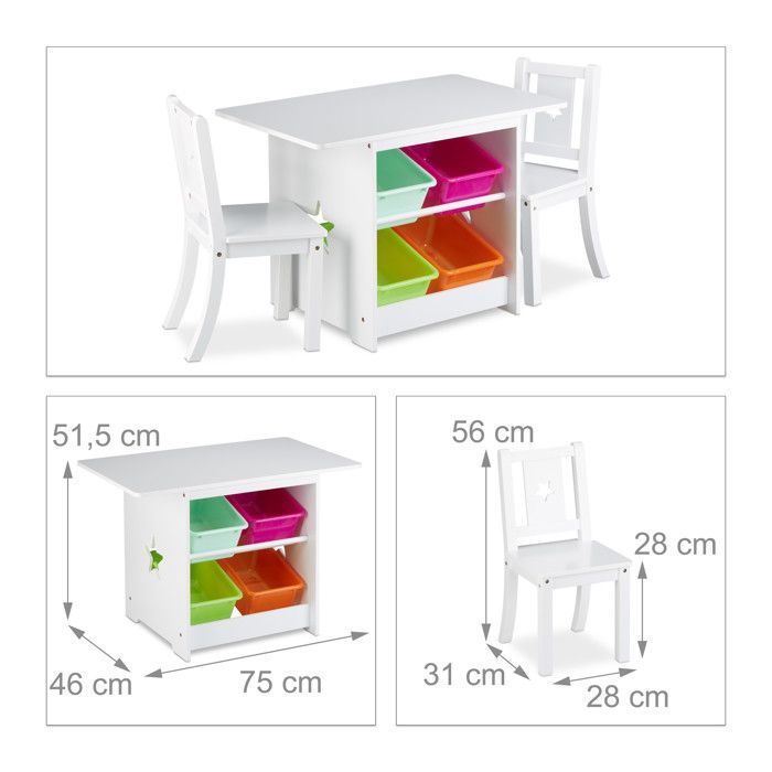Conjunto de mesa y sillas de madera para niños Relaxdays ALBUS con cestas de almacenamiento, color blanco.