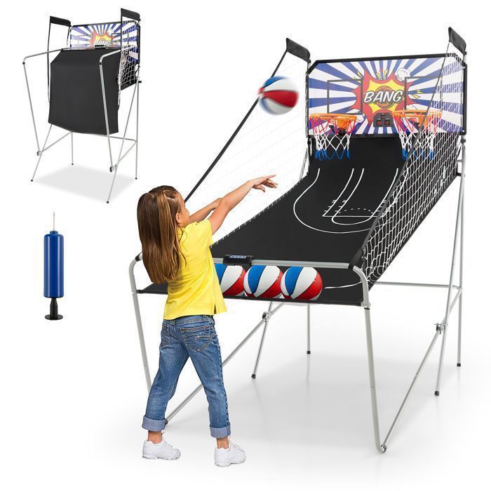 Juego de baloncesto plegable COSTWAY con 2 aros, 4 pelotas, bomba de inflado, sistema de puntuación, 8 modos, 4 jugadores, azul y blanco.