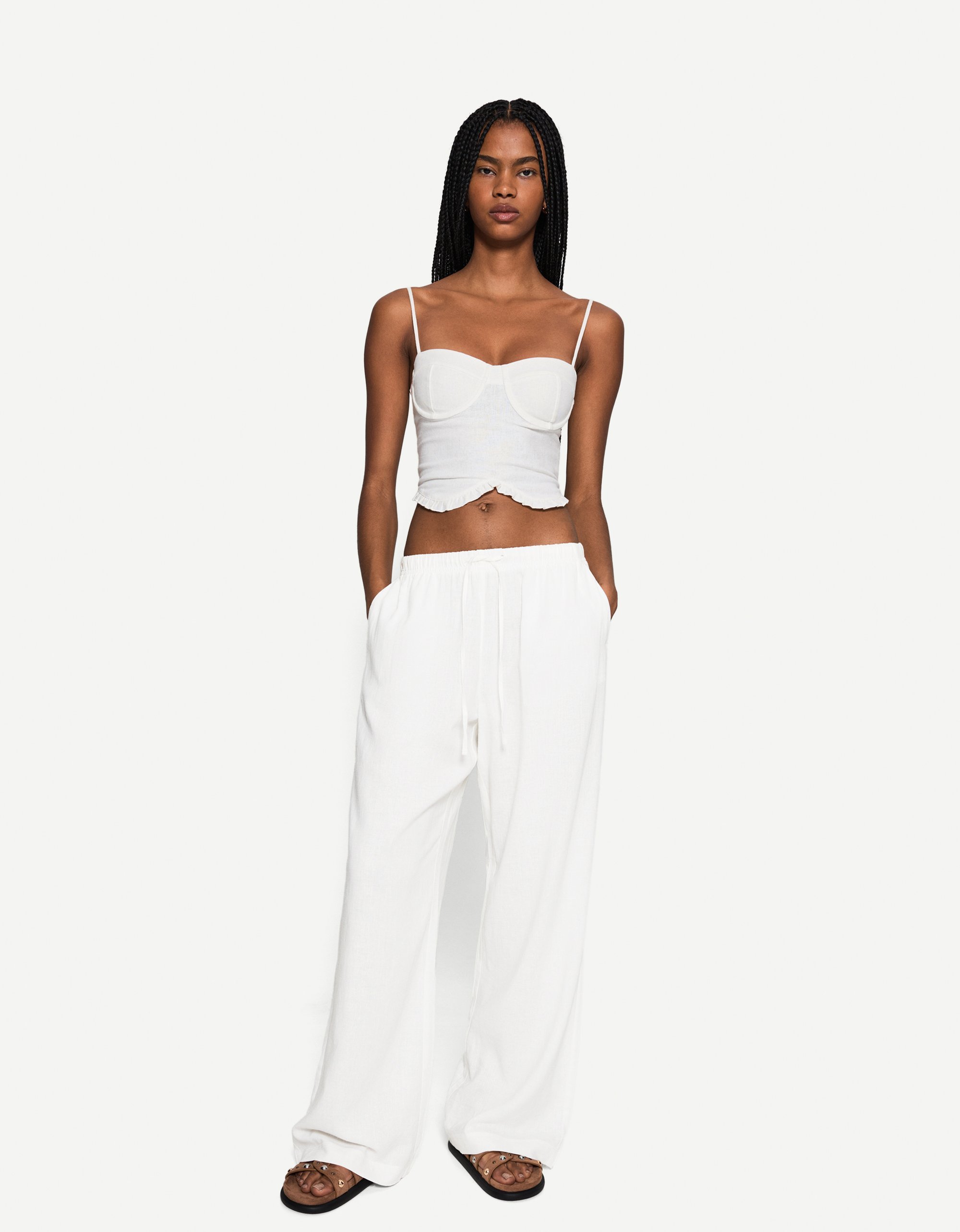Bershka S ELASTICKÝM PASEM - Kalhoty - bílá