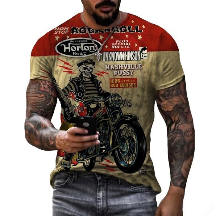 Ανδρικό T-shirt, Vintage T-shirt με τρισδιάστατη εκτύπωση μοτοσικλέτας, T-shirt με στρογγυλή λαιμόκοψη και κοντό μανίκι μοτοσικλέτας - Πορτοκαλί