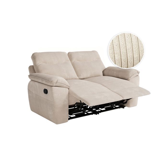 Sofá reclinável manual ROSS de 2 lugares em veludo cotelê - Bege - L160 x P100 x A102cm - LOUNGITUDE