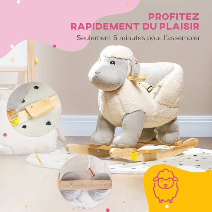 Cheval à bascule pour enfant, jouet à bascule en peluche, en forme d'agneau, à effets sonores, 68L x 35l x 55H cm gris