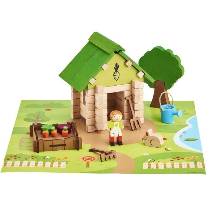 La Cabane du Jardinier 60 Pièces - JEUJURA - Jeu de Construction en Bois Naturel, Tapis et Accessoires Inclus, 22x18,5x8,5 cm