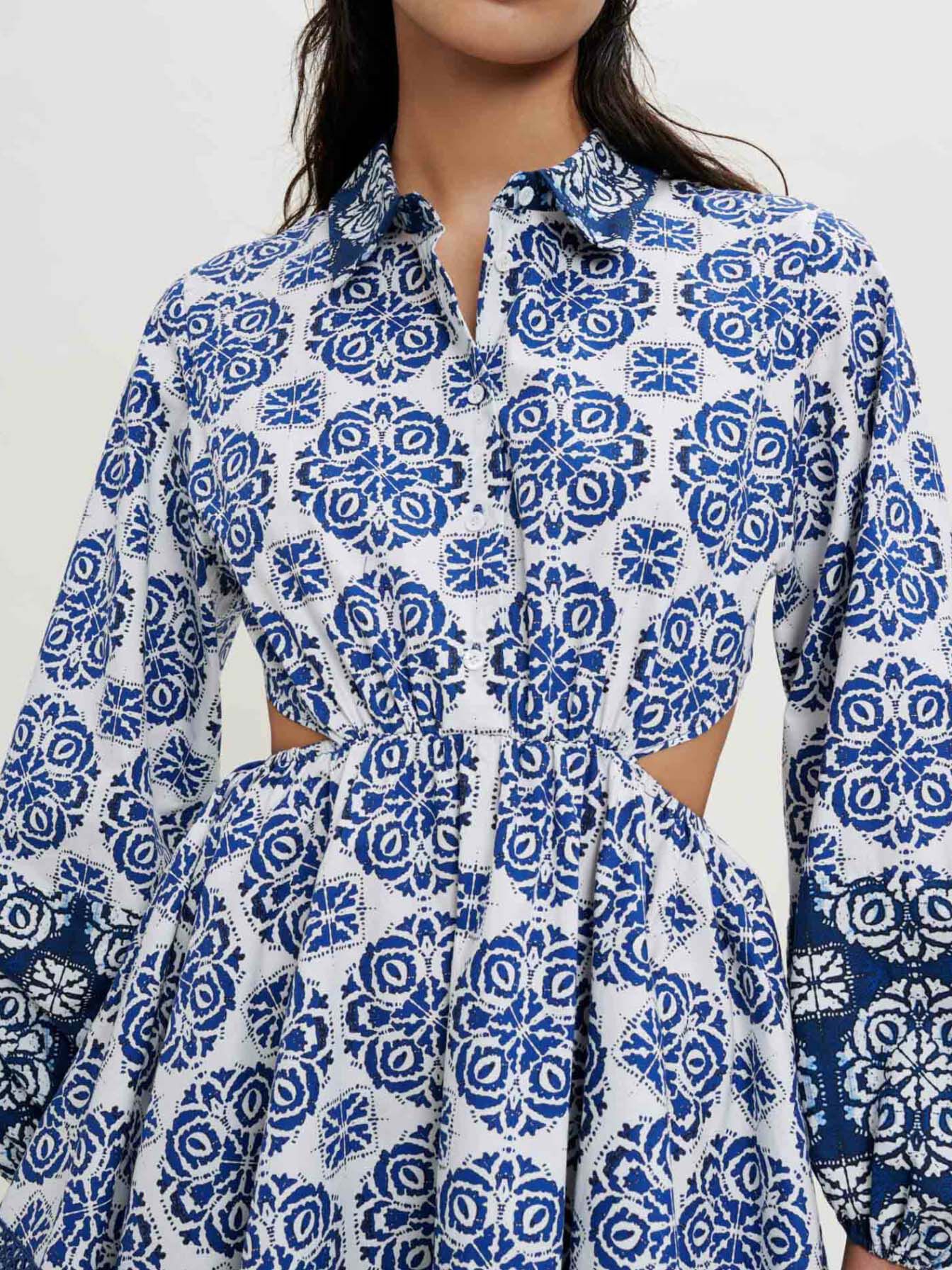 Rochie din poplin de bumbac imprimat - Indigo