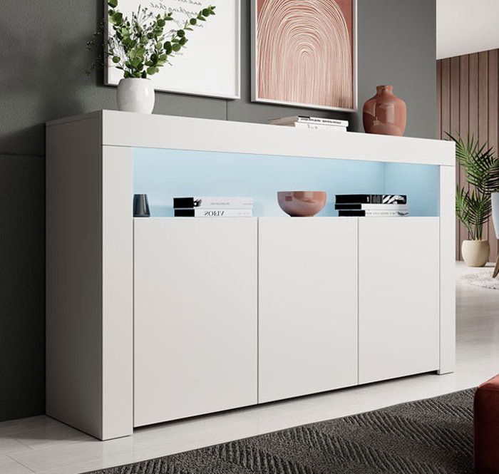 Aparador LED de 3 puertas | 155 x 91,5 x 37 cm | Blanco | Acabado mate | Almacenamiento | AKER