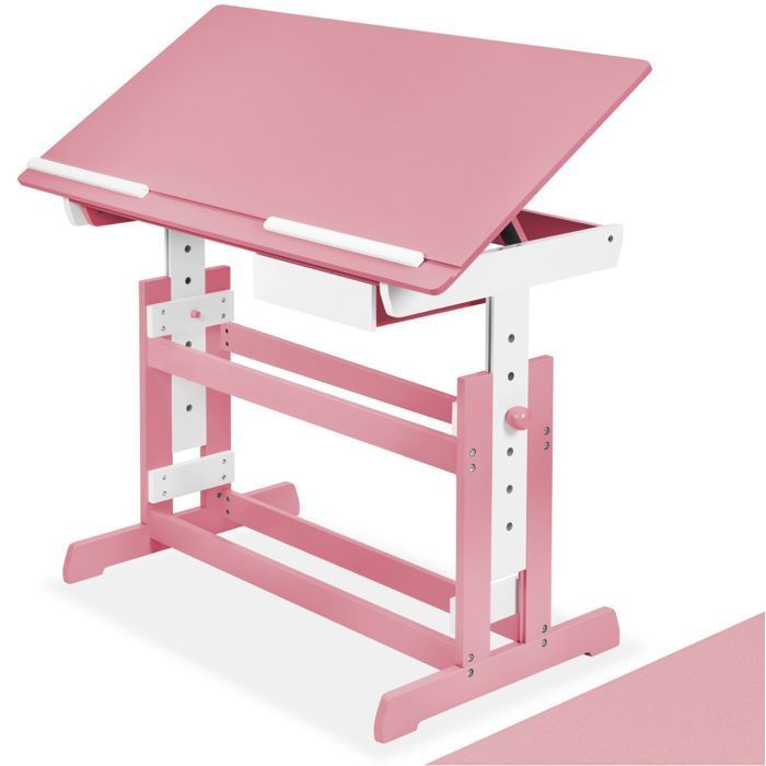 ESCRITORIO INFANTIL - TECTAKE - Escritorio infantil regulable en altura e inclinación de 109 cm x 55 cm x 94 cm + cajón de almacenamiento - Rosa brillante