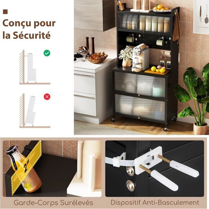 Aparador de cocina COSTWAY de 5 niveles con luces, soporte para microondas con ruedas, puertas, ganchos y patas ajustables, color negro.