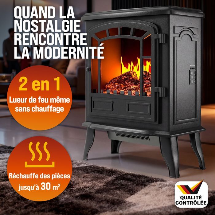 DEUBA® Cheminée électrique effet flamme 2000 W 2 niveaux électrique soufflerie radiateur chauffant LED cheminée décoration noir