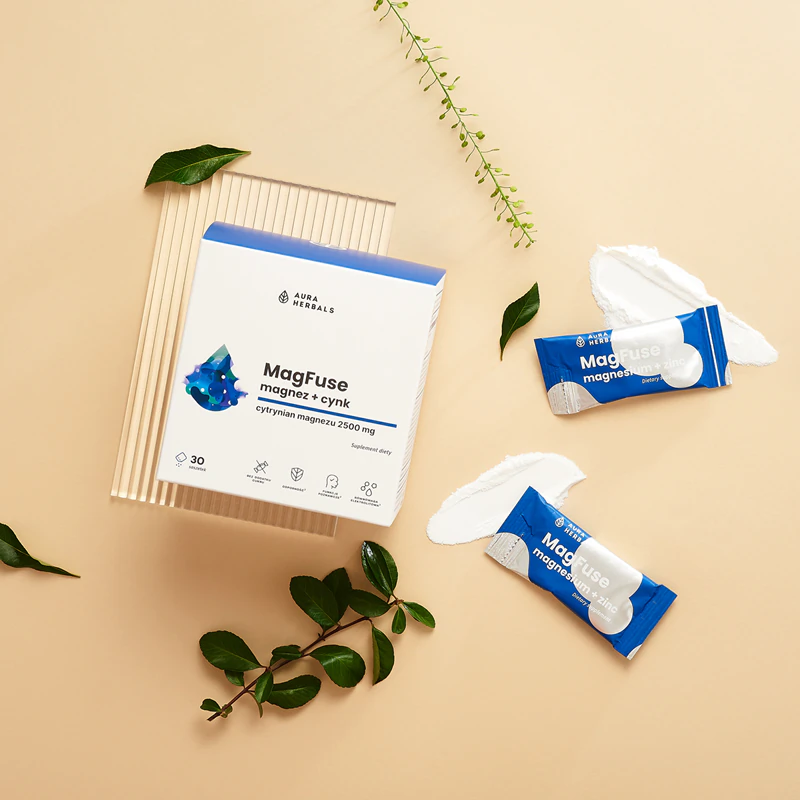 Sachês de suplemento alimentar Aura Herbals MagFuse + Zinc para suplementação eficaz de magnésio.