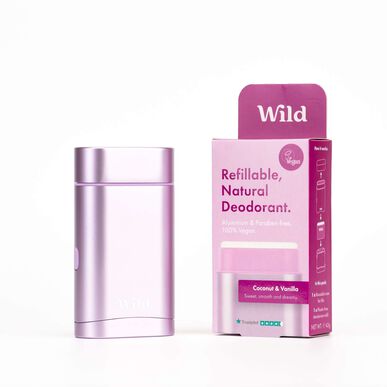 „Wild“ daugkartinio pildymo natūralus dezodorantas su kokosu ir vanile. Natūralaus dezodoranto dėžutė ir papildymas. Kokosas. 40 g. 40 g.