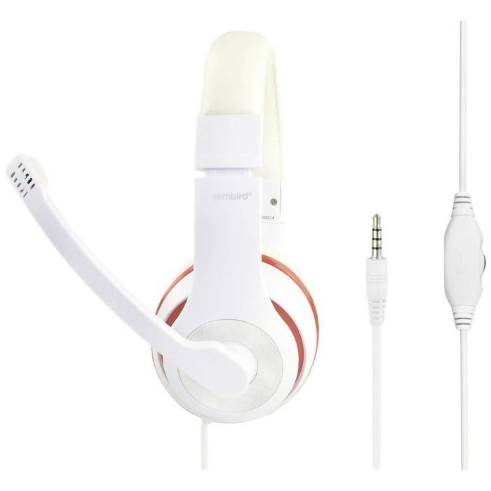 Fone de ouvido supra-auricular com fio Gembird, branco e vermelho, com volume ajustável.