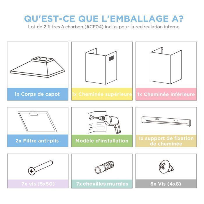 Hotte Aspirante 60cm Comfee - 400 m³/h - Classe A++ - 2 Filtres à Charbon - 3 Vitesses - Recyclage & Évacuation - LED lampe - Noir