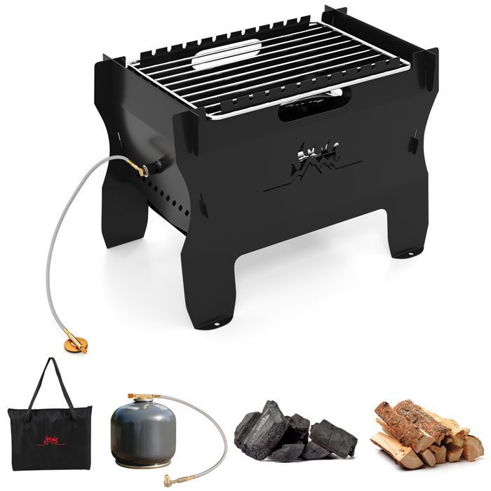 2-in-1 COSTWAY Portable Countertop Barbecue, Dual Fuel (Butane Gas, Charcoal), Stainless Steel Grill, Carrying Bag