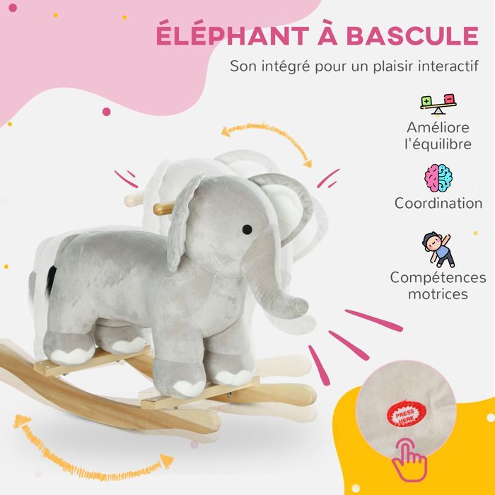 Caballito balancín infantil, juguete balancín de peluche con forma de elefante, con efectos de sonido, con asas, color gris.