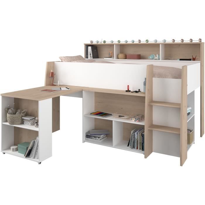 Cama infantil combinada PARISOT con escritorio retráctil - Acabado en blanco y roble - 90 x 200 cm - Base de láminas incluida - THEO