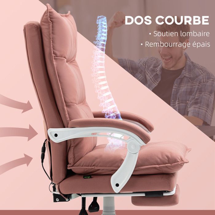 Fauteuil de bureau - Vinsetto - massant et chauffant - hauteur réglable, dossier inclinable - microfibre - 66x74x121,5cm - rose