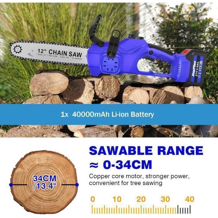 Tronconneuse Electrique Sans Fil 12 pouces, DAYPLUS, 1 Chaîne, 21V Rechargeable Avec 4.0Ah Battery Pour couper du bois