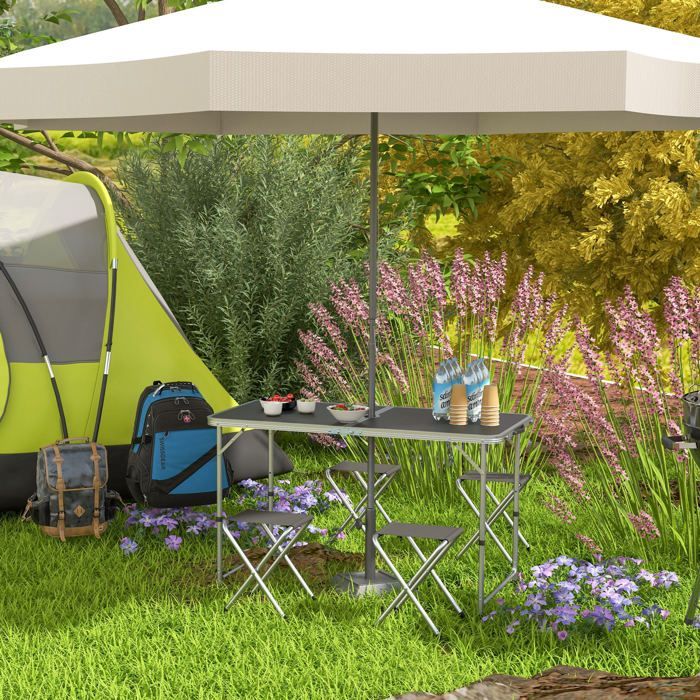 Ensemble table et chaise de camping - Outsunny - Table 4 chaises Pliantes - Hauteur table réglable, Trou de parasol - Gris foncé