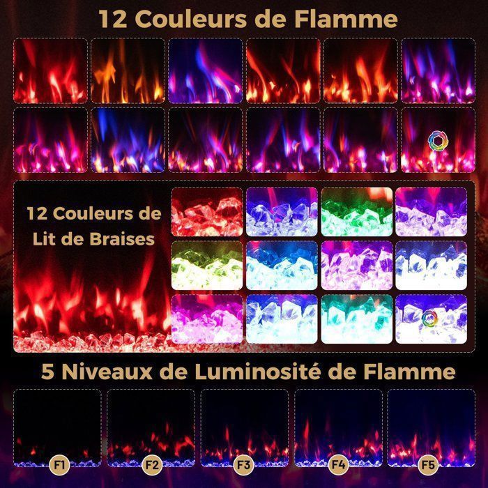 Cheminée Électrique Mural/Encastré Contrôle Vocal/APP/Télécommande COSTWAY-750W/1500W-LED Ambiance-Pierre de Cristal-Minuterie 12H