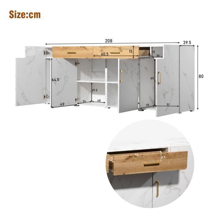 Buffet Salon Blanc Moderne - Grand Buffet avec 4 portes 2 Tiroirs - Meuble de Rangement - 208 x 39,5 x 80 cm
