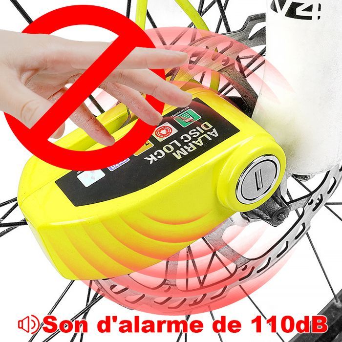 Antivol de frein à disque avec alarme antivol, pour vélos, trottinette électrique, motos, etc., Jaune (Corde de sécurité incluse)
