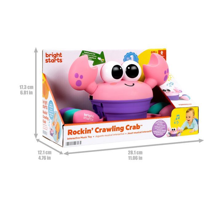 BRIGHT STARTS Walking Crab, Baby Toy 6M+, Musical Toy, Gross and Fine Motor Skills Toy, Obstacle Sensors, Pink