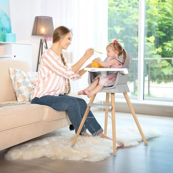 High chair booster seat, bar stool, 6-in-1 multifunctional high chair, wooden legs, from 6 months, grey