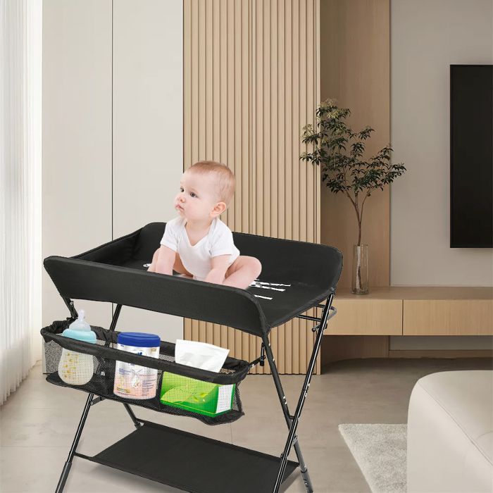 MESA - Trocador de fraldas com cesto de arrumação e cabide para roupas - Altura ajustável - 80*66*98 cm - Preto - HUOLE