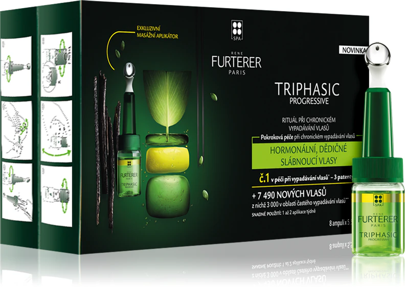 Tratamento trifásico progressivo e abrangente de René Furterer para a queda de cabelo crônica.