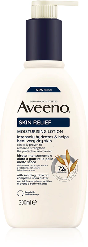 Aveeno Skin Relief Nourishing Lotion, een hydraterende bodylotion voor een zeer droge huid.
