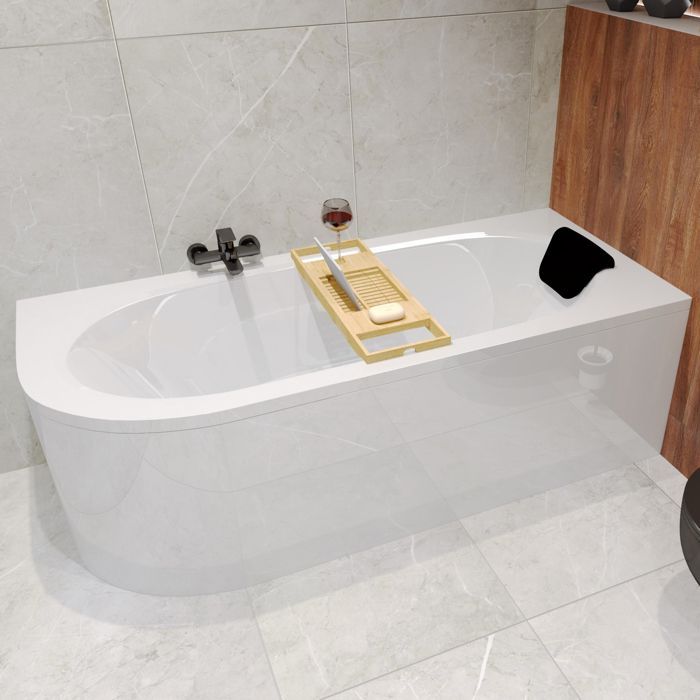 Hoekbad 170x75 cm, opening rechts, hoofdsteun, badafvoer en 4-in-1 poten.