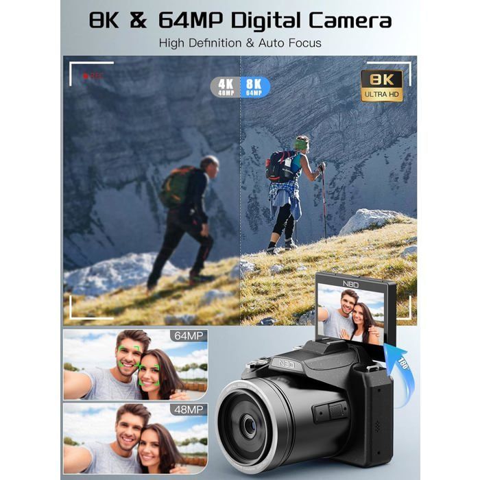 NBD Appareil Photo Numérique, 8K 64MP avec Autofocus et Zoom 16x Écran IPS 3